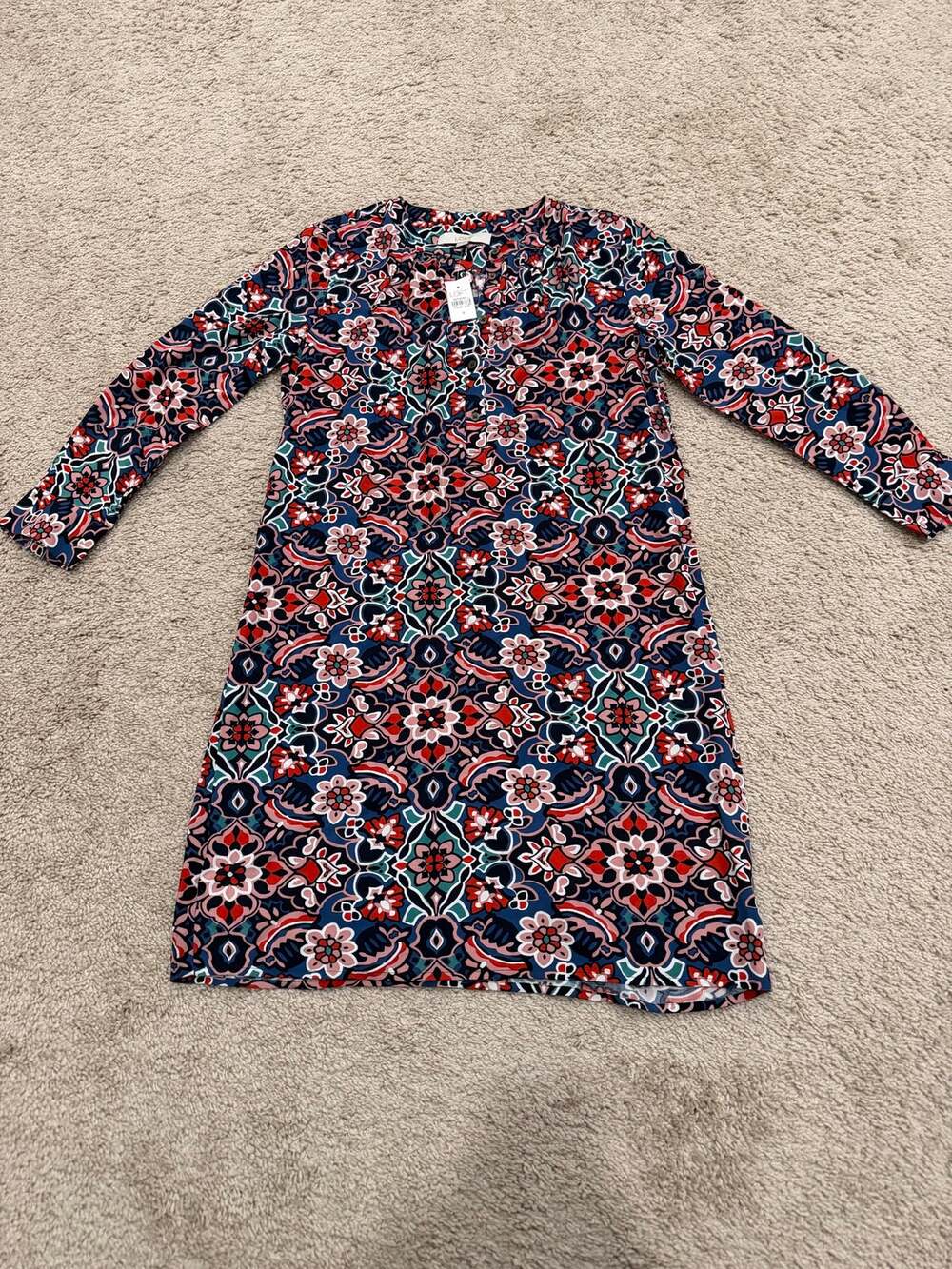 LOFT Navy Multicolor Stained Glass Floral Shift Dress Small NWT